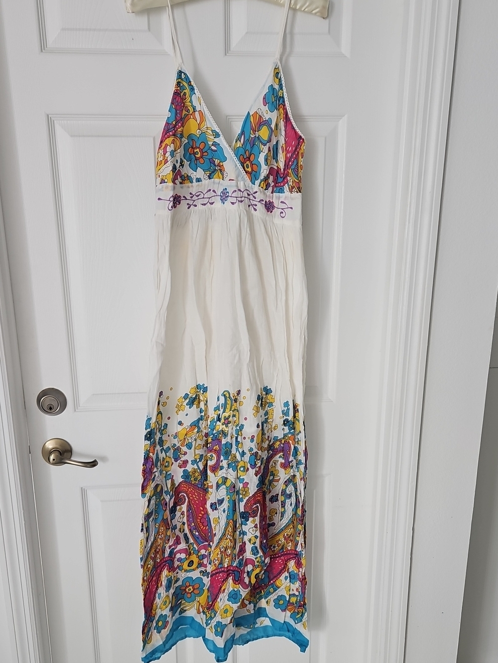 White Floral Print Bohemian Maxi Dress with Bright Multicolor Accents